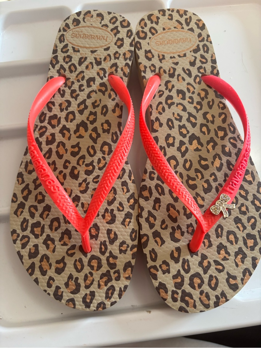 Havaianas Leopard Print Flip Flops with Coral Red Straps